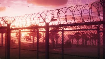 Coils of razor wire topping a prison perimeter fence against a pink dawn sky