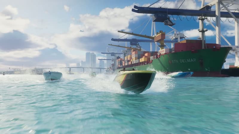 Speedboats racing past a moored container ship beneath towering port gantry cranes