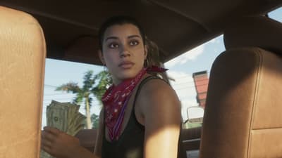 Lucia counting a fold of banknotes from the passenger seat of a moving car