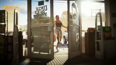Lucia sprinting in through the glass doors of Uncle Jack’s liquor store
