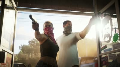 Jason and Lucia backing out of the store doorway together, pistols raised