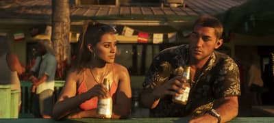 Lucia and Jason drinking beer side by side at an open-air waterfront bar