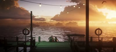 Festoon lights strung over a wooden dock as the sun drops across flat water