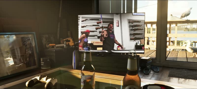 Phil’s Ammunation advert: a man hoists a rifle in front of wall racks of long guns