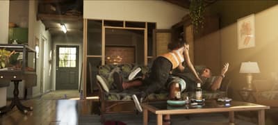 Lucia pinning Jason to the couch, whiskey bottle and ashtray on the coffee table