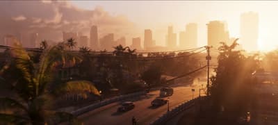 Hazy Vice City skyline beyond palms and an elevated road at sunset