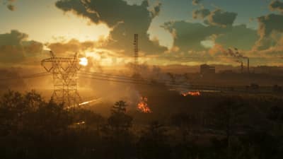 Sunrise over farm rows with fires burning between them, a pylon and refinery stacks beyond.