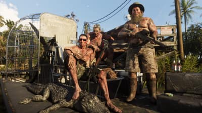 Three mud-caked people with rifles pose on an airboat dock beside a dead alligator.