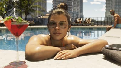 A woman in aviator sunglasses rests on a pool edge beside a strawberry cocktail, towers behind.