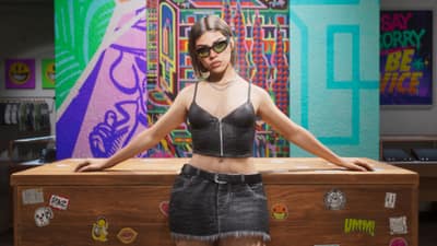 A woman in sunglasses leans on a shop counter in front of a bright painted mural wall.