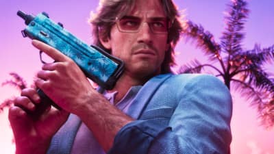 A man in a pastel blazer holds a palm-print submachine gun against a purple sunset.