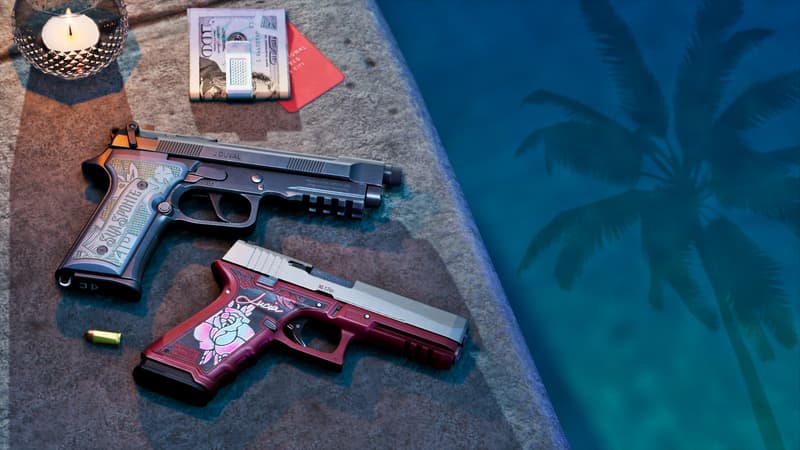 Two engraved pistols rest on a pool edge at night, the dark one lettered J. Duval with Sua Sponte grips.