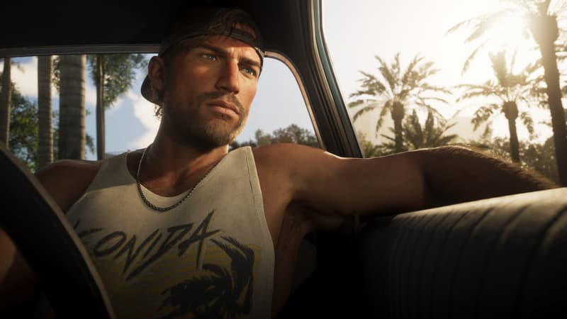 A man in a backwards cap and Leonida vest slouches in a car's driver seat, sunlit palms outside the window.