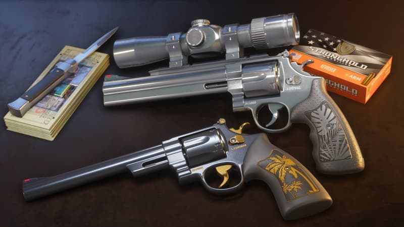 Two engraved revolvers with palm-tree grips lie beside a knife and ammo, each frame etched with a name and serial number.