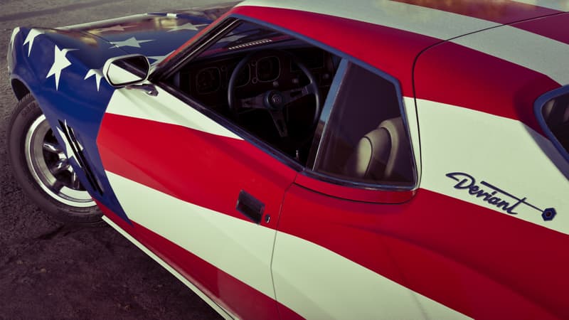 A muscle car flank painted with stars and stripes, the model name Deviant scripted on the front wing.