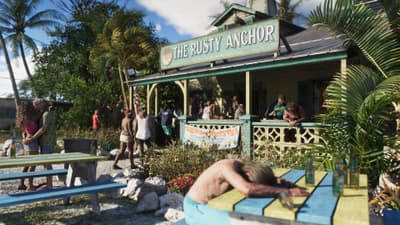 Drinkers gather at a green wooden bar signed The Rusty Anchor, a crab festival banner strung across its rail.