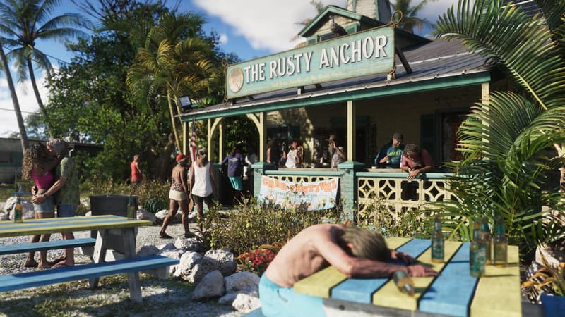 Drinkers gather at a green wooden bar signed The Rusty Anchor, a crab festival banner strung across its rail.