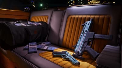 A pistol and a submachine gun finished in turquoise palm-tree print lie on a car's back seat beside stacked cash.