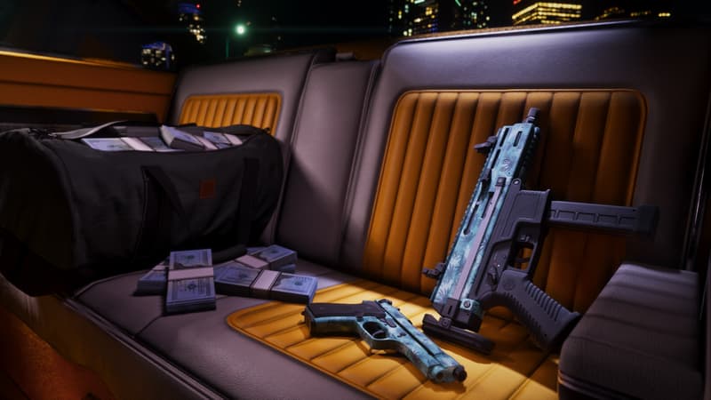 A pistol and a submachine gun finished in turquoise palm-tree print lie on a car's back seat beside stacked cash.