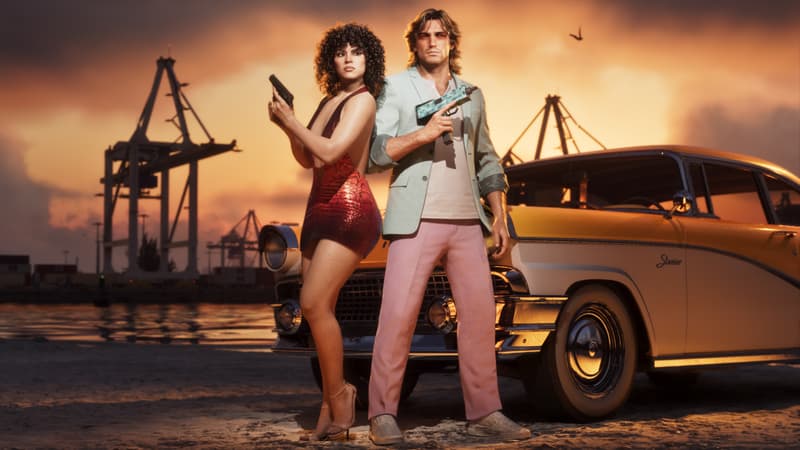 Two figures in retro outfits stand armed beside a two-tone fifties sedan, harbour cranes behind them at sunset.